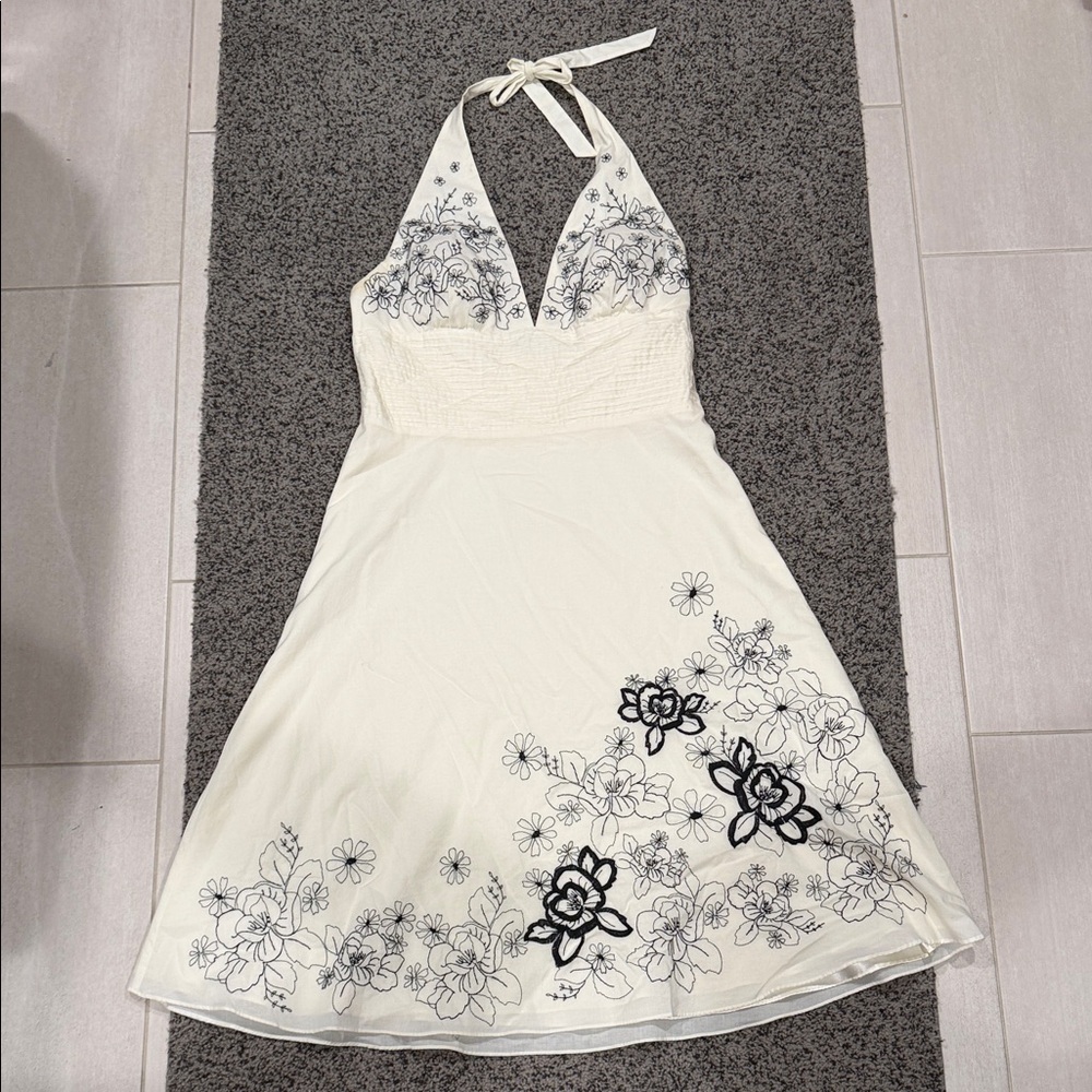 White Halter Floral Embroidered Sundress